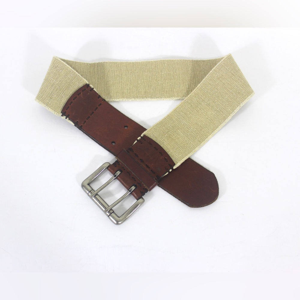 Wide Sparkly Beige Stretch Belt with Cognac Brown Leather Ends and Silver Buckle